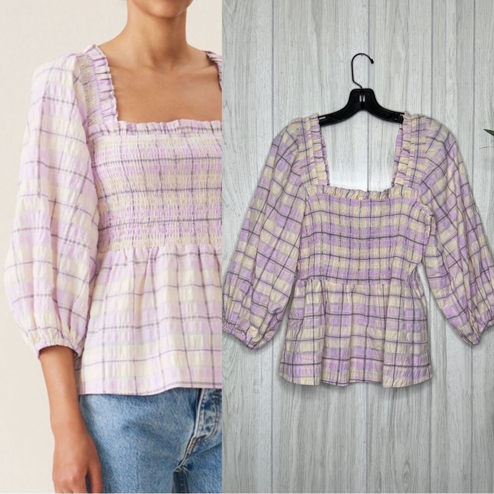 Ganni Organic Seersucker Orchid Bloom Check Top size 38 6/M